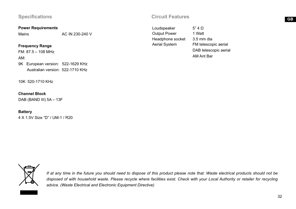Specifications, Circuit features | Sangean DPR-45 (V1) User Manual | Page 33 / 33
