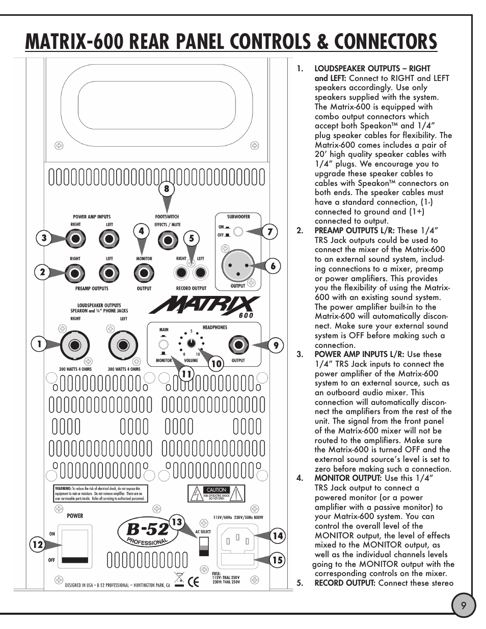 Matrix-600 rear panel controls & connectors | ETI Sound Systems, INC LHEC20 User Manual | Page 10 / 12