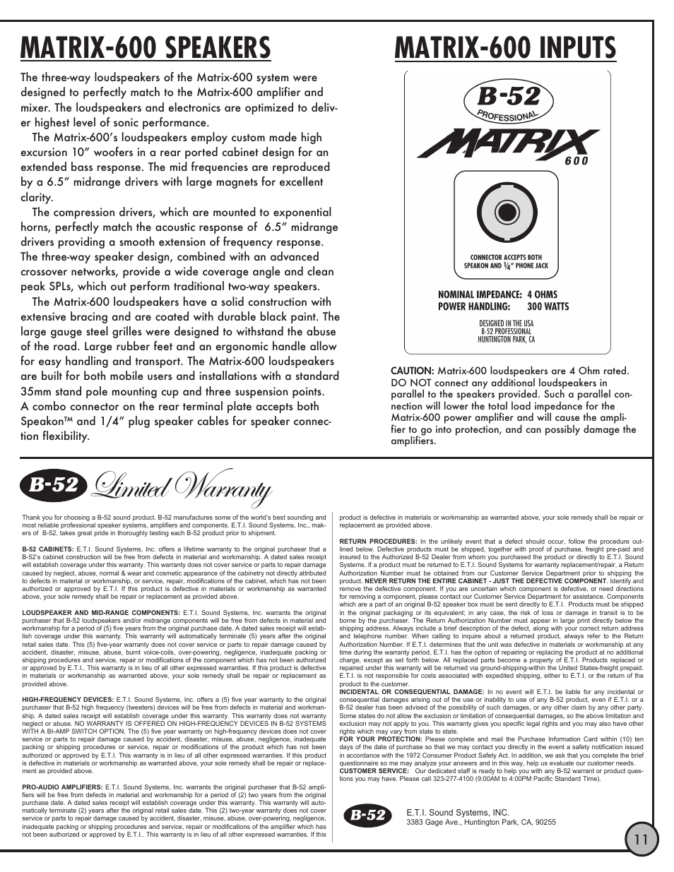 Limited warranty, Matrix-600 speakers, Matrix-600 inputs | ETI Sound Systems, INC LHEC20 User Manual | Page 12 / 12