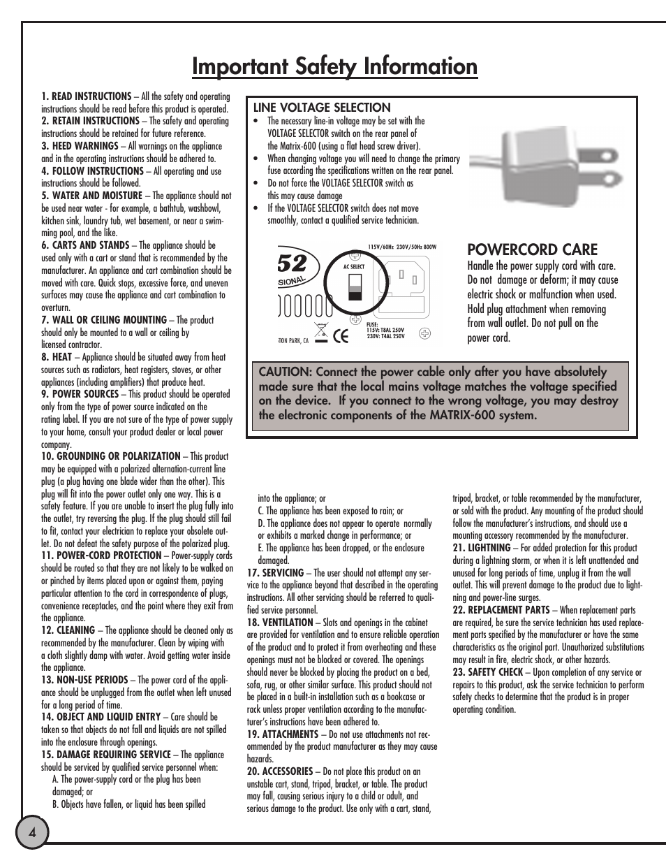 Important safety information, Powercord care | ETI Sound Systems, INC LHEC20 User Manual | Page 5 / 12