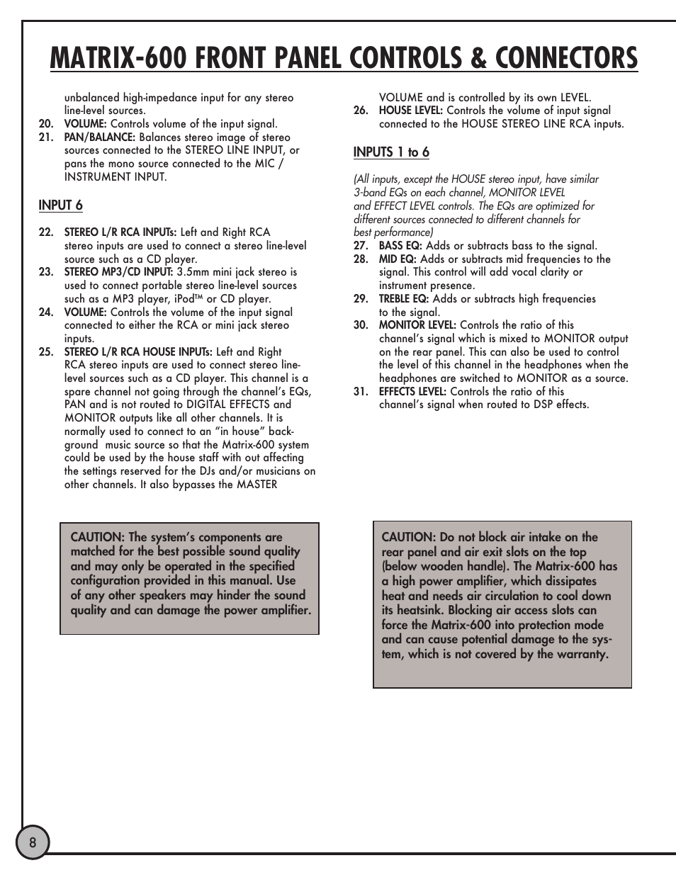 Matrix-600 front panel controls & connectors | ETI Sound Systems, INC LHEC20 User Manual | Page 9 / 12