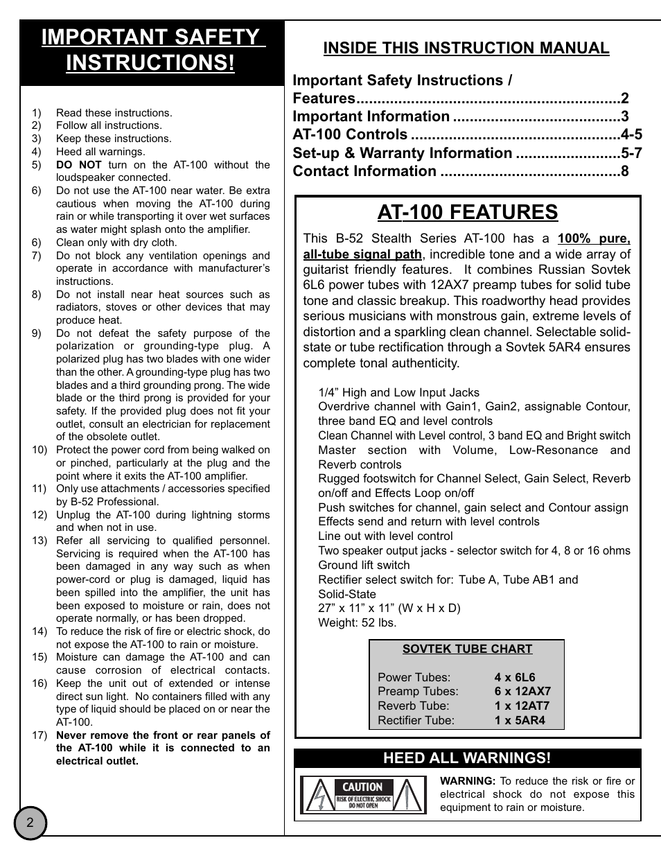 Important safety instructions, At-100 features, Inside this instruction manual | Heed all warnings | ETI Sound Systems, INC AT-100 User Manual | Page 3 / 8