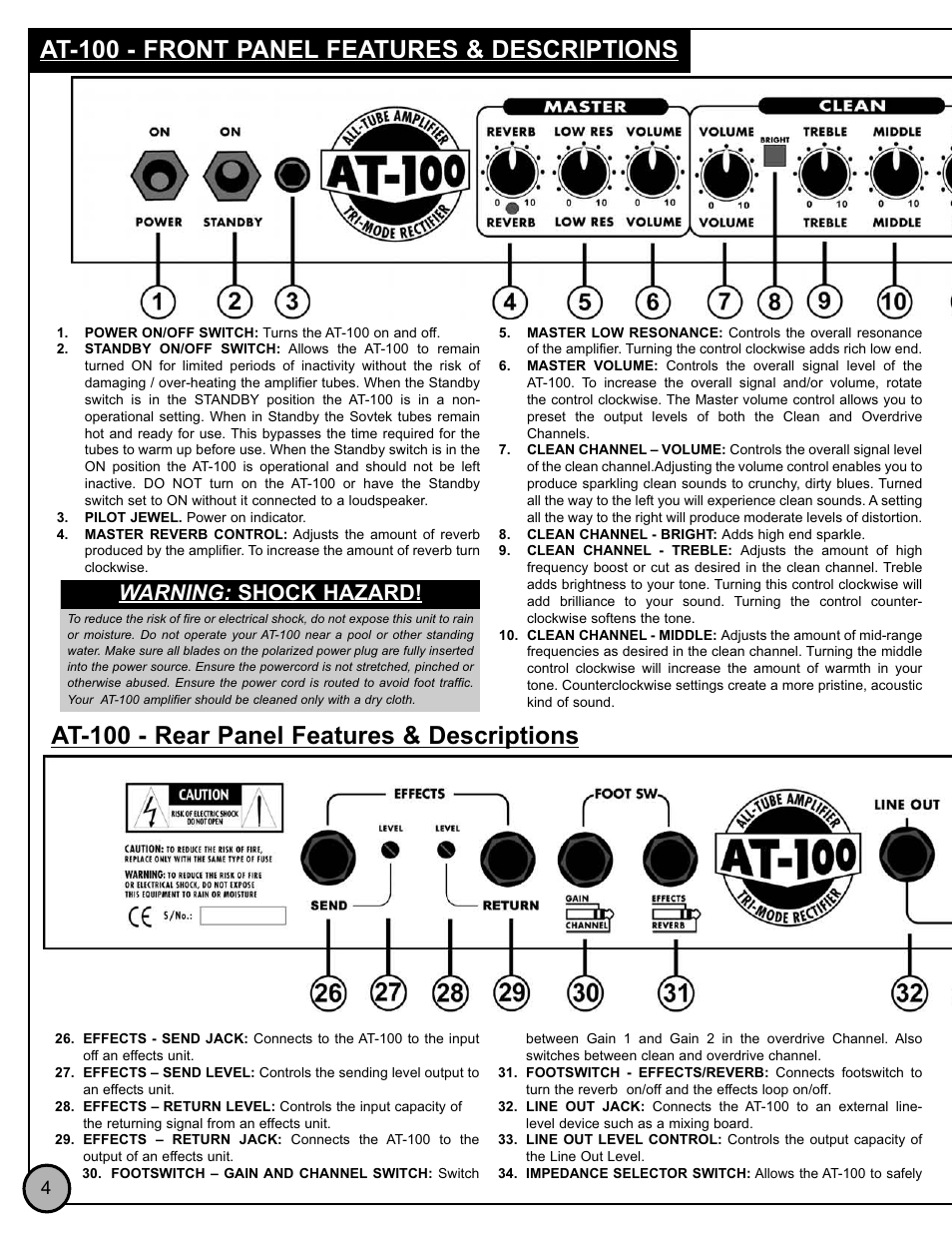 At-100 - rear panel features & descriptions, At-100 - front panel features & descriptions, Warning: shock hazard | ETI Sound Systems, INC AT-100 User Manual | Page 5 / 8