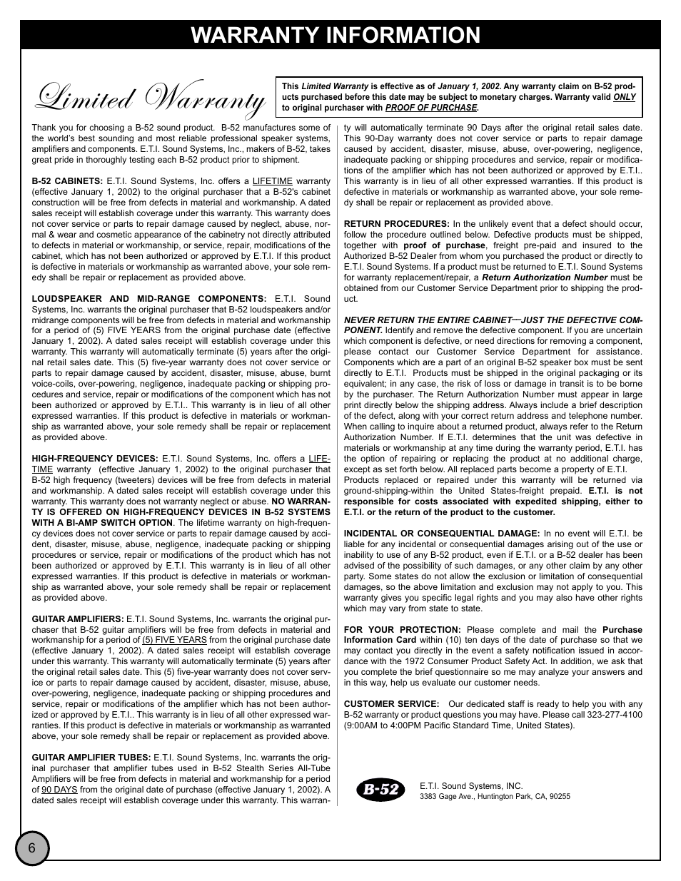 Limited warranty, Warranty information | ETI Sound Systems, INC AT-100 User Manual | Page 7 / 8