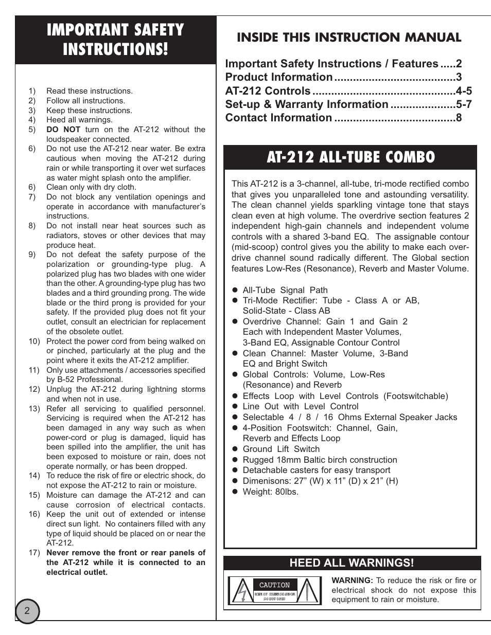 Important safety instructions, At-212 all-tube combo, Inside this instruction manual | Heed all warnings | ETI Sound Systems, INC AT-212 User Manual | Page 2 / 7