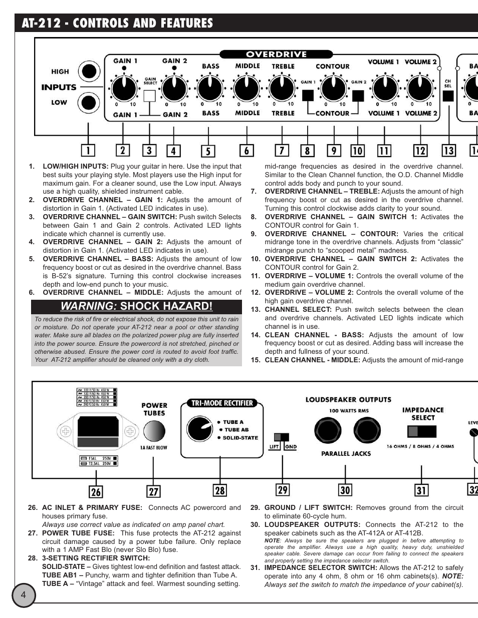 At-212 - controls and features, Warning: shock hazard | ETI Sound Systems, INC AT-212 User Manual | Page 4 / 7