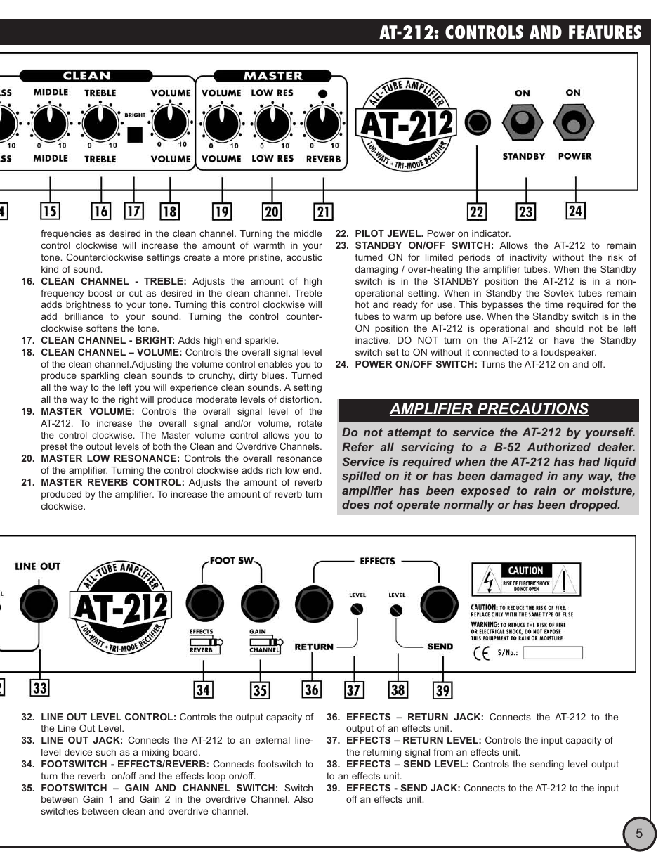 At-212: controls and features, Amplifier precautions | ETI Sound Systems, INC AT-212 User Manual | Page 5 / 7