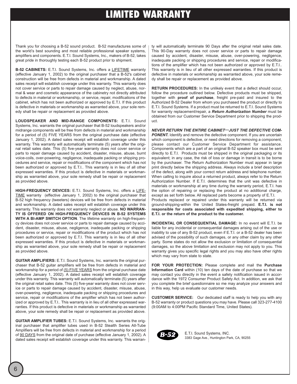 Limited warranty | ETI Sound Systems, INC AT-212 User Manual | Page 6 / 7