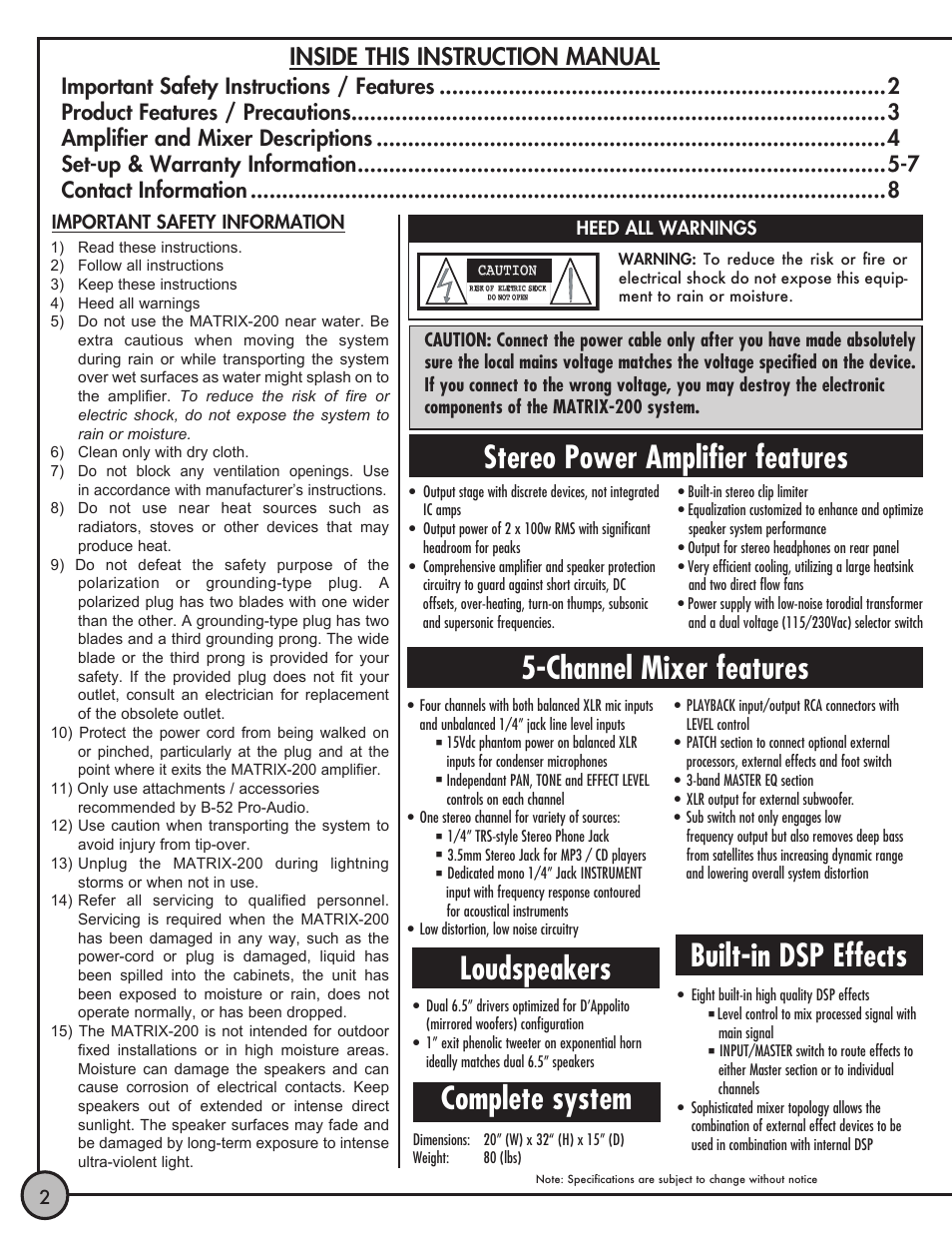 Inside this instruction manual | ETI Sound Systems, INC Matrix 200 User Manual | Page 2 / 8