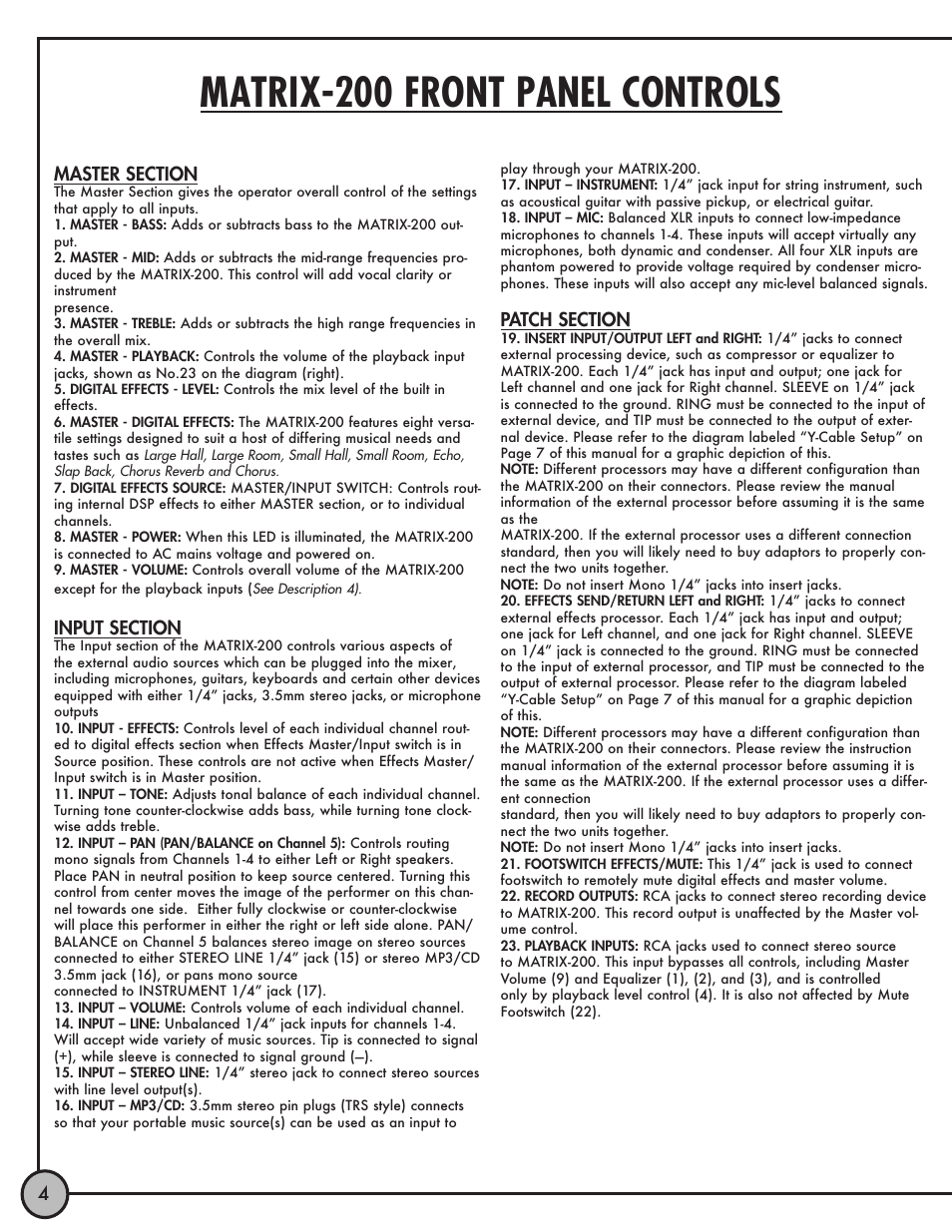 Matrix-200 front panel controls | ETI Sound Systems, INC Matrix 200 User Manual | Page 4 / 8