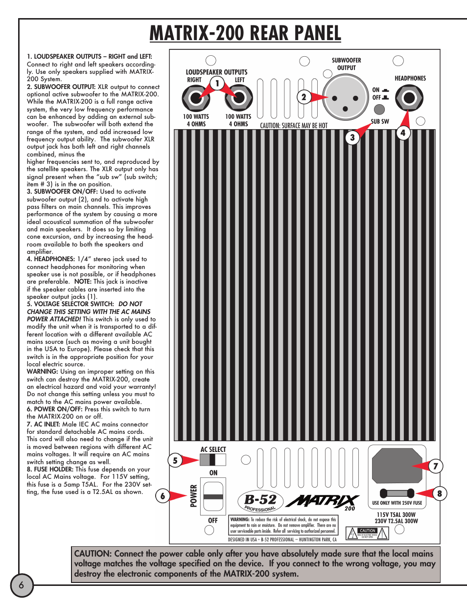 Matrix-200 rear panel, Matrix-200 input plates | ETI Sound Systems, INC Matrix 200 User Manual | Page 6 / 8