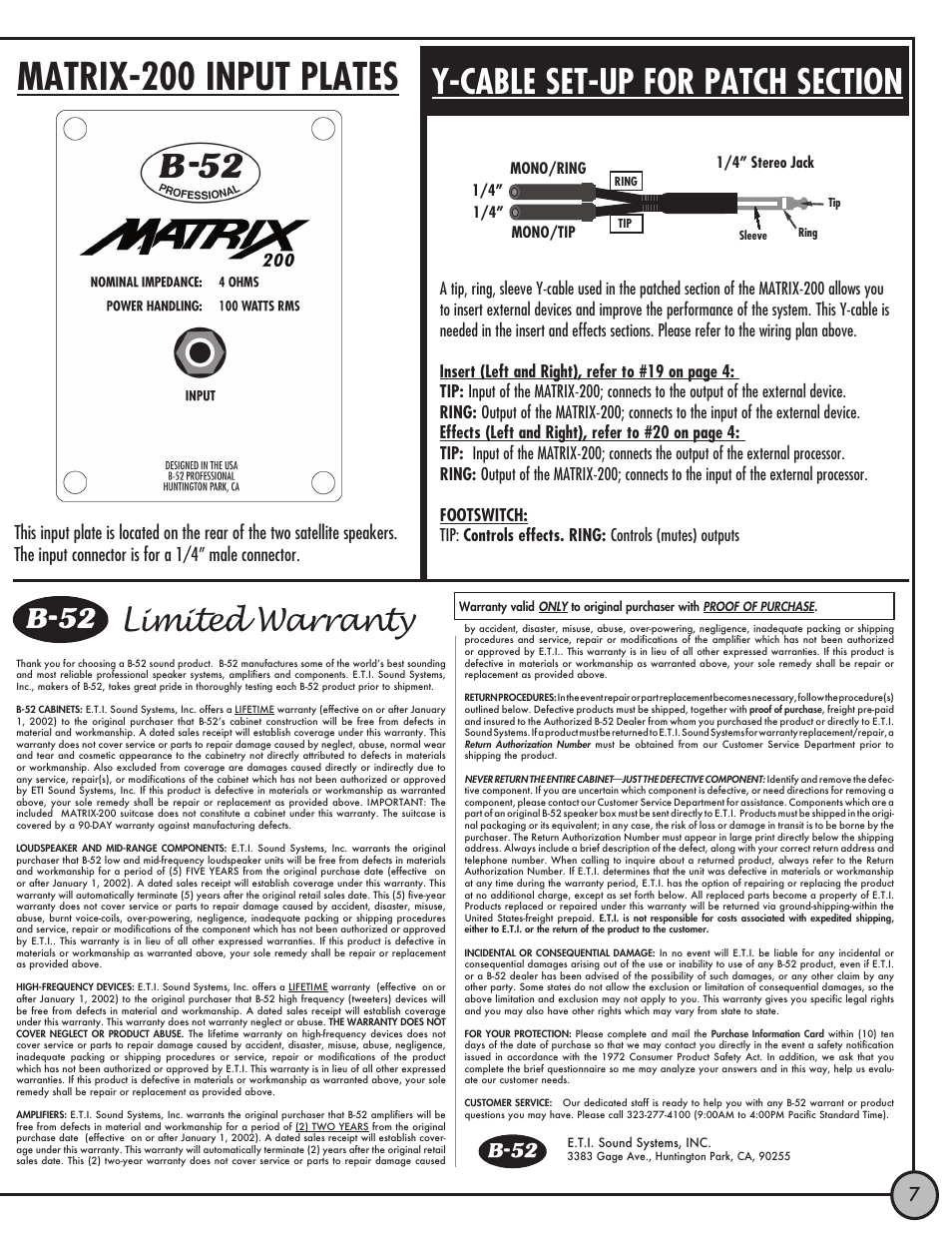 Matrix-200 input plates, Limited warranty, 1/4” stereo jack | Mono/ring mono/tip | ETI Sound Systems, INC Matrix 200 User Manual | Page 7 / 8