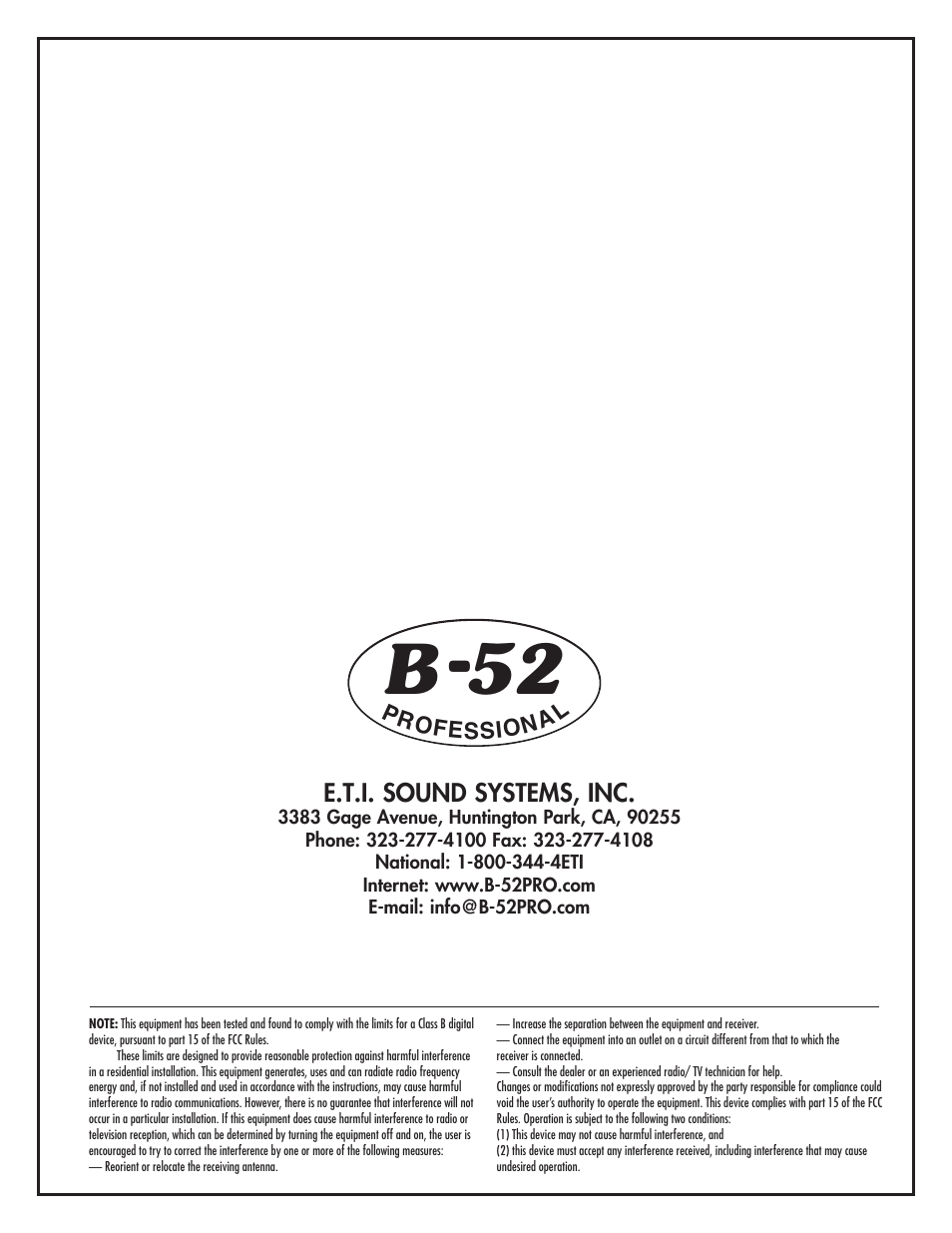 B 52, E.t.i. sound systems, inc, Professional | ETI Sound Systems, INC Matrix 200 User Manual | Page 8 / 8