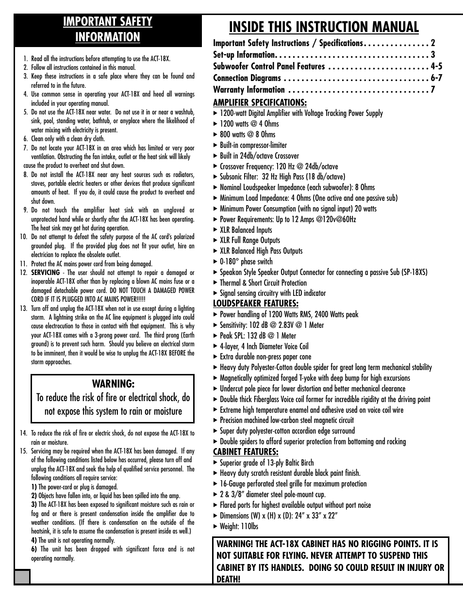 Inside this instruction manual, Important safety information | ETI Sound Systems, INC ACT-18X User Manual | Page 2 / 8