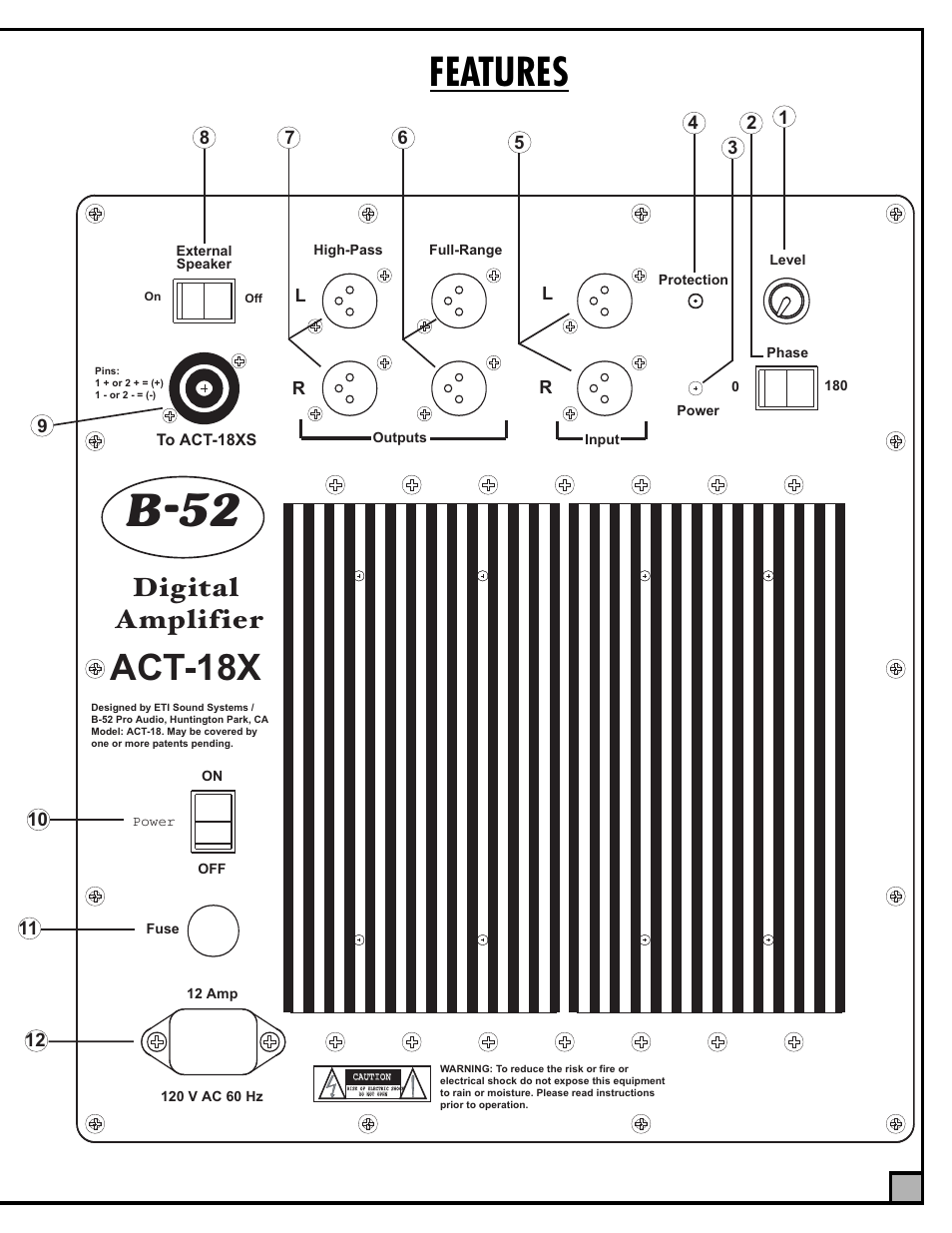 B 52, Features, Act-18x | Digital amplifier | ETI Sound Systems, INC ACT-18X User Manual | Page 5 / 8