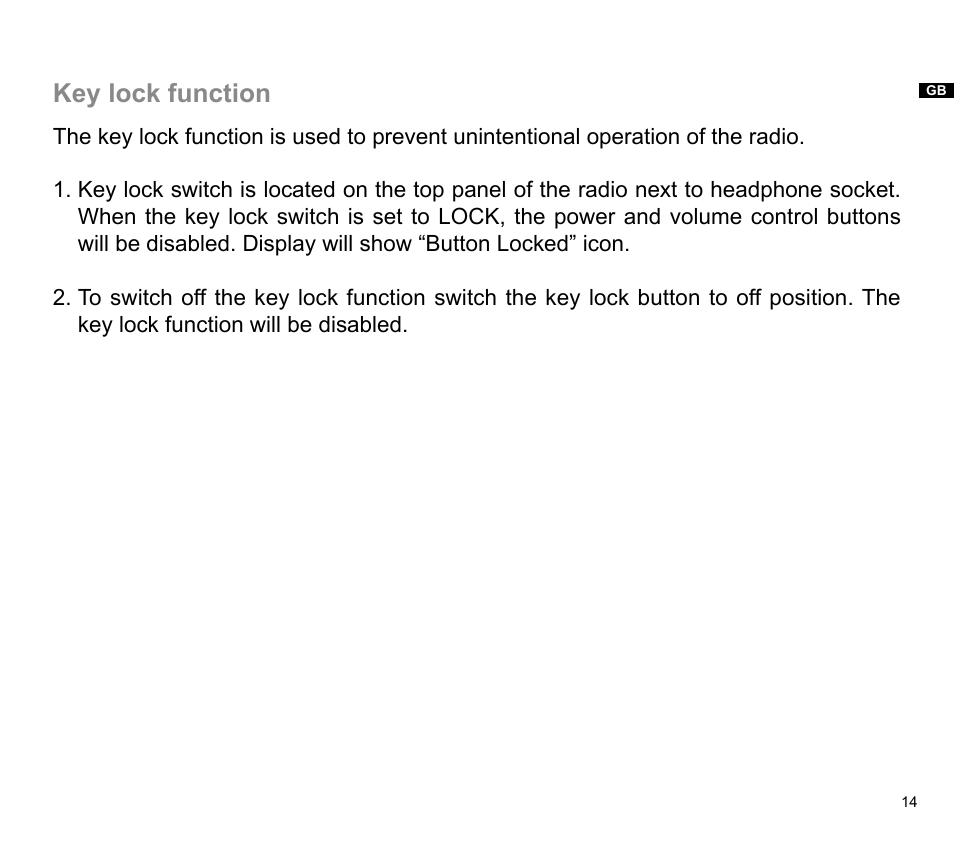 Key lock function | Sangean DPR-32 (V1) User Manual | Page 15 / 16