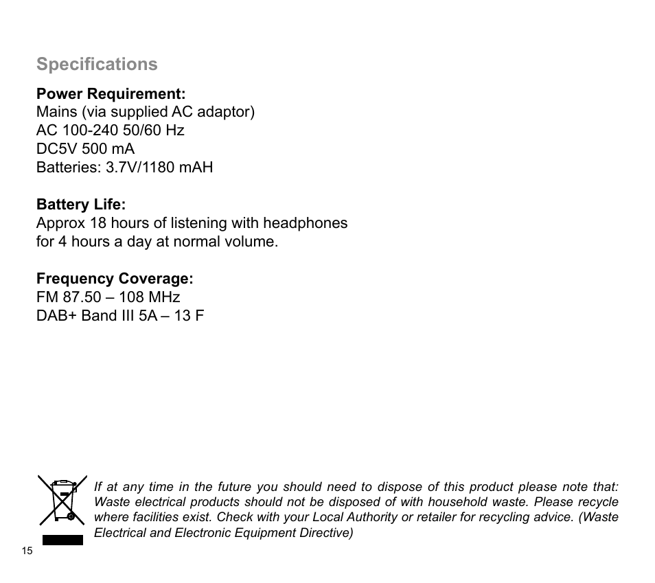 Specifications | Sangean DPR-32 (V1) User Manual | Page 16 / 16