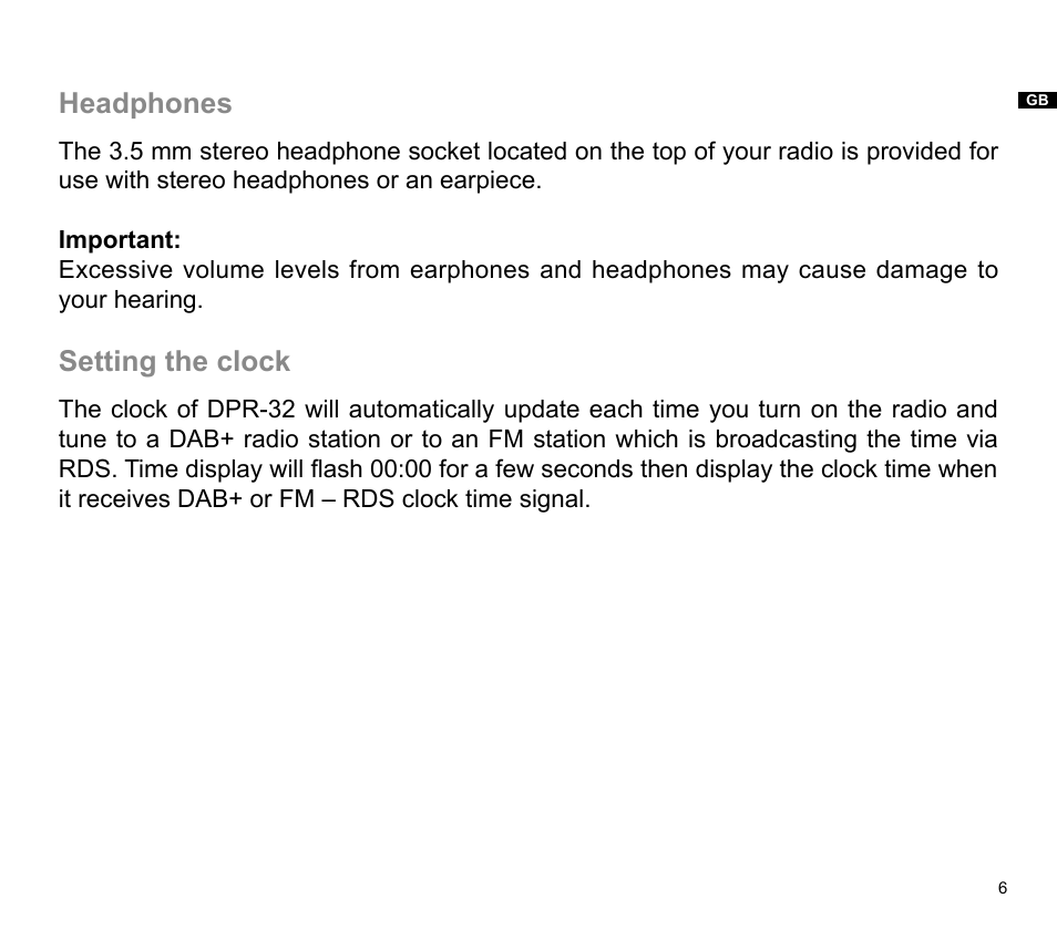 Headphones, Setting the clock | Sangean DPR-32 (V1) User Manual | Page 7 / 16