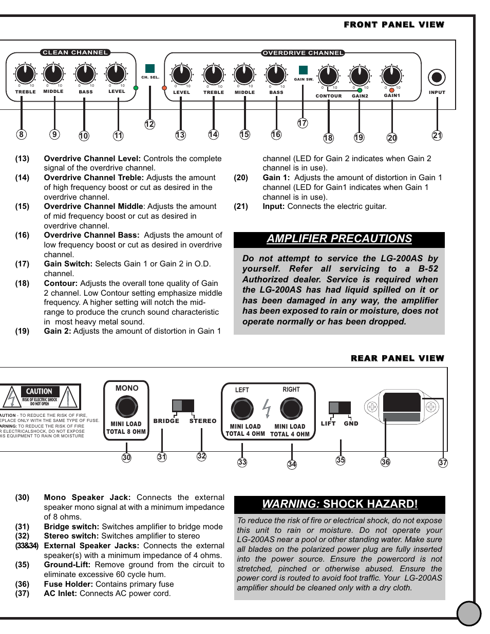 Amplifier precautions, Warning: shock hazard | ETI Sound Systems, INC LG-200AS User Manual | Page 3 / 4