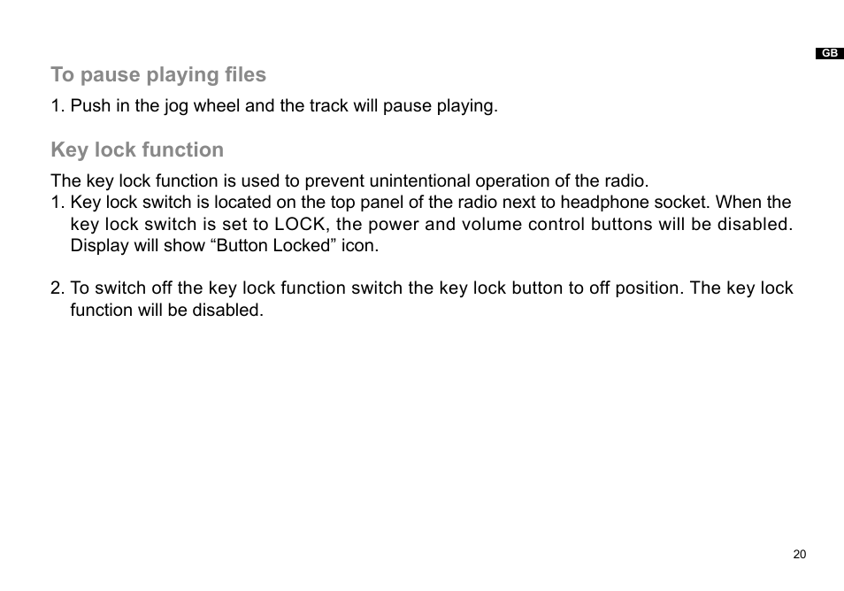 Key lock function | Sangean DPR-36 (V1) User Manual | Page 21 / 25