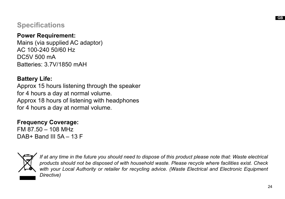 Specifications | Sangean DPR-36 (V1) User Manual | Page 25 / 25