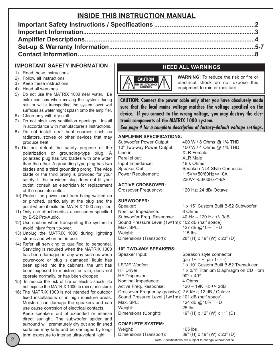 Inside this instruction manual | ETI Sound Systems, INC Matrix 1000 V2 User Manual | Page 2 / 8