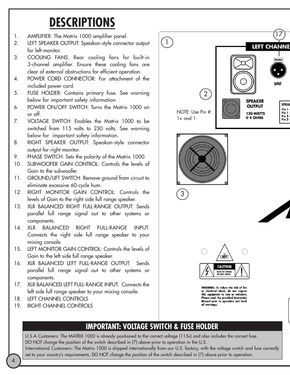 Descriptions, Important: voltage switch & fuse holder | ETI Sound Systems, INC Matrix 1000 V2 User Manual | Page 4 / 8