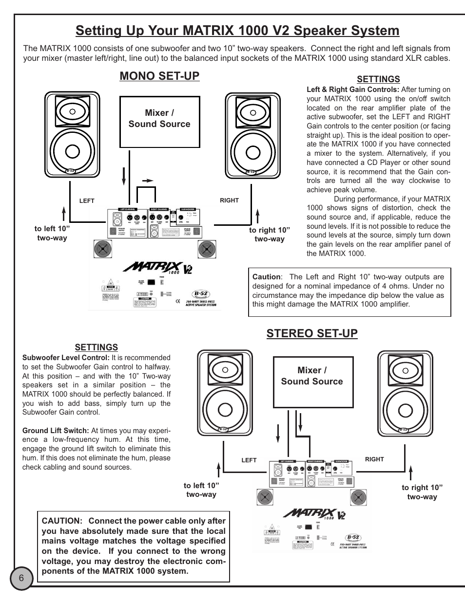 Mono set-up, Stereo set-up | ETI Sound Systems, INC Matrix 1000 V2 User Manual | Page 6 / 8