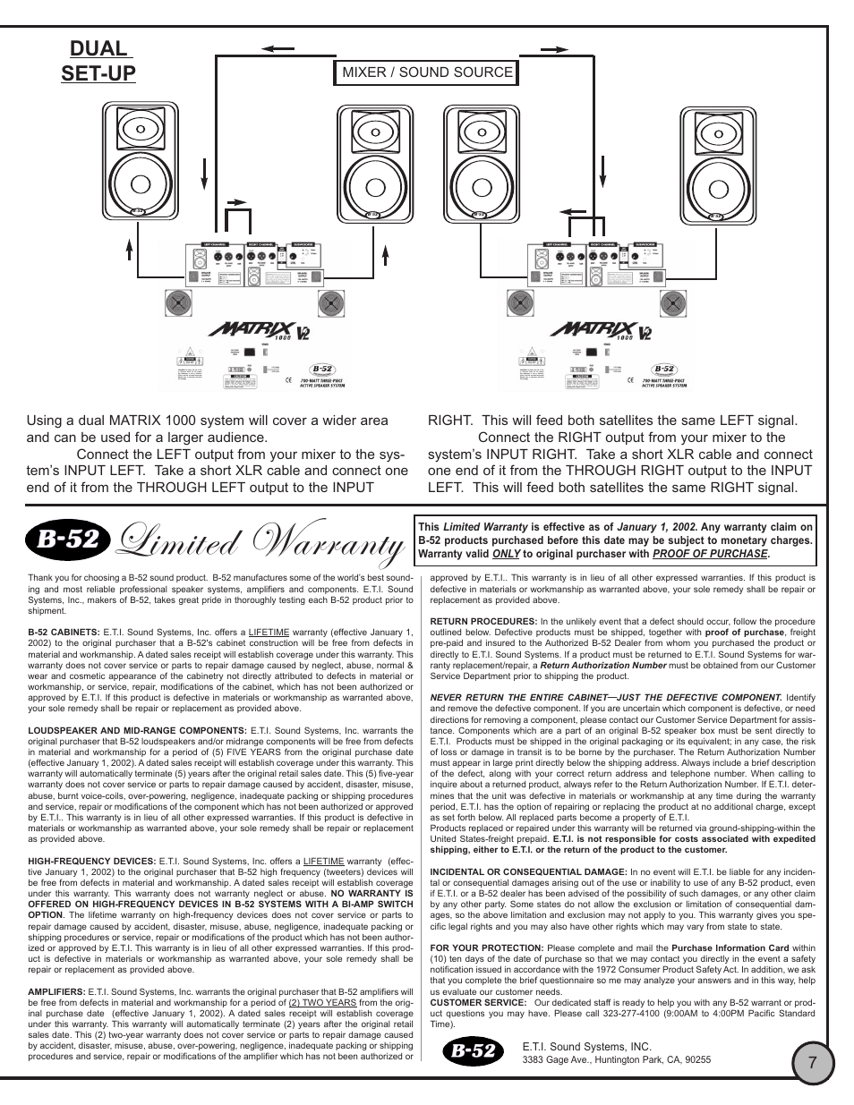 Limited warranty, Dual set-up | ETI Sound Systems, INC Matrix 1000 V2 User Manual | Page 7 / 8