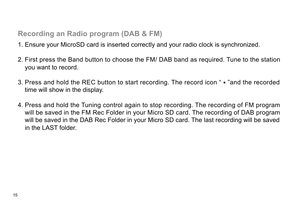 Recording an radio program (dab & fm) | Sangean DPR-36 (R1) User Manual | Page 16 / 25
