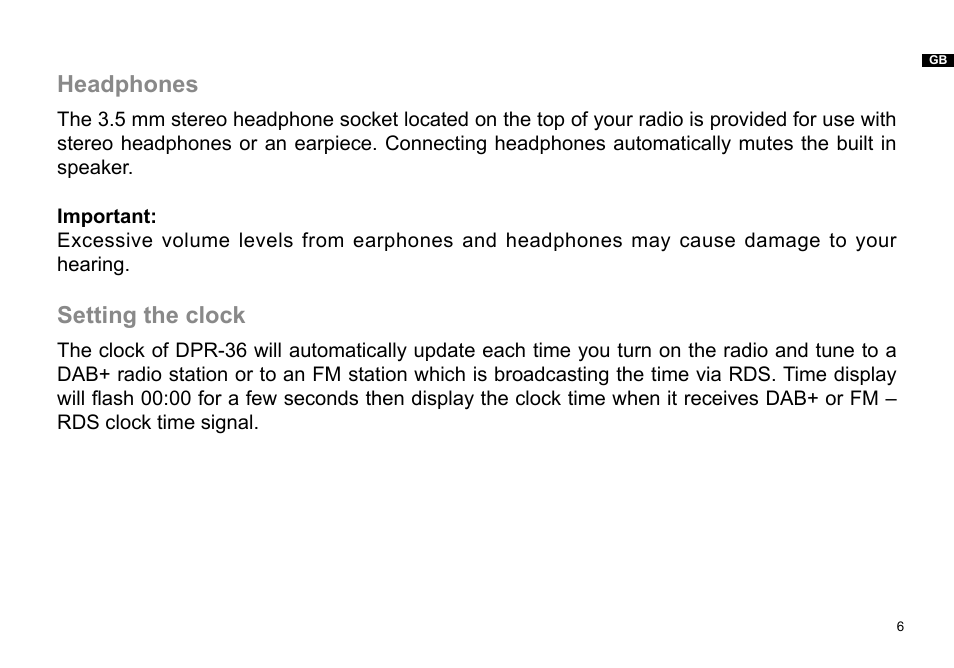 Headphones, Setting the clock | Sangean DPR-36 (R1) User Manual | Page 7 / 25