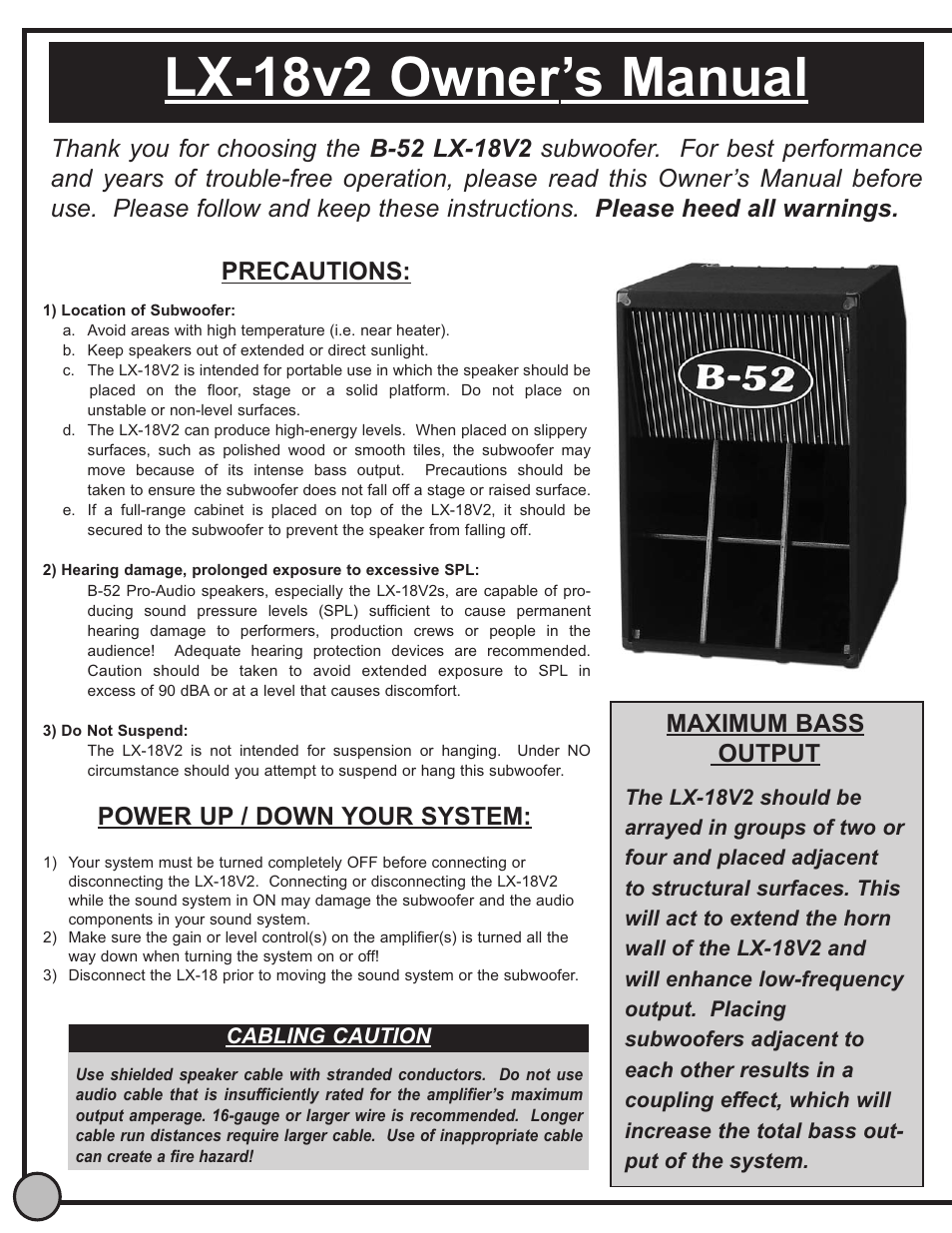 Lx-18v2 owner’s manual, Precautions, Power up / down your system: maximum bass output | ETI Sound Systems, INC LX-18 User Manual | Page 2 / 4