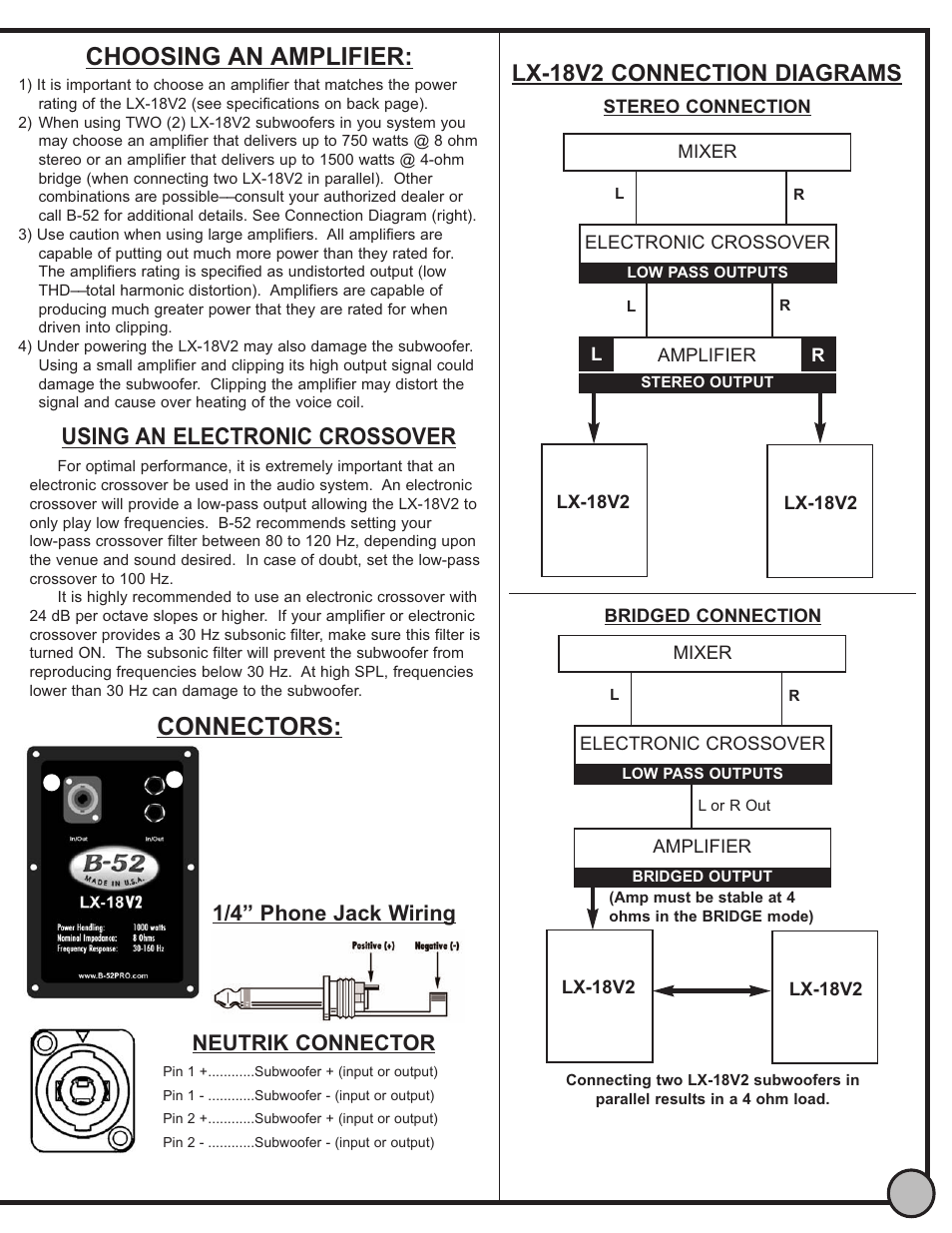 Choosing an amplifier, Connectors, 1/4” phone jack wiring neutrik connector | ETI Sound Systems, INC LX-18 User Manual | Page 3 / 4