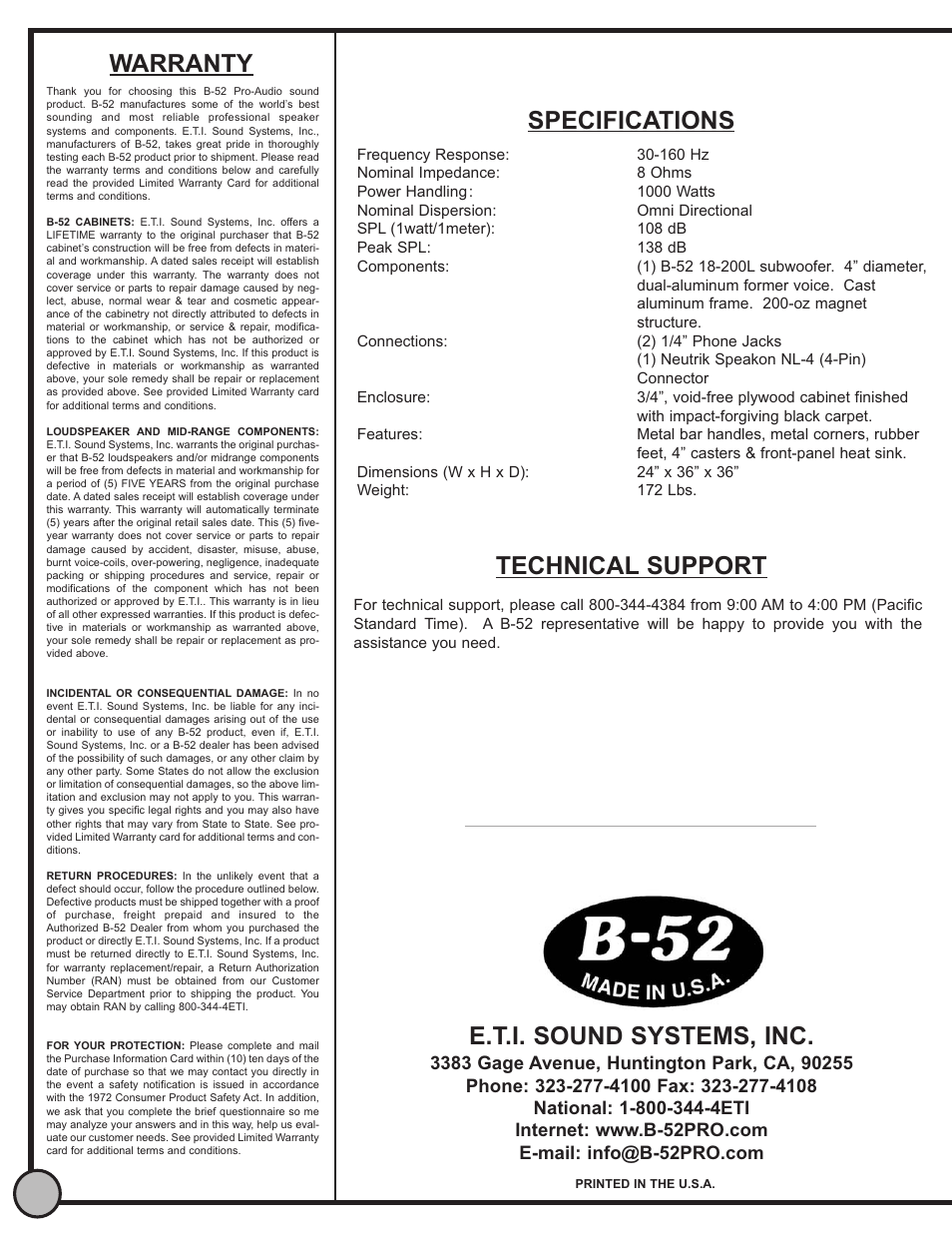 Warranty, Specifications e.t.i. sound systems, inc, Technical support | ETI Sound Systems, INC LX-18 User Manual | Page 4 / 4