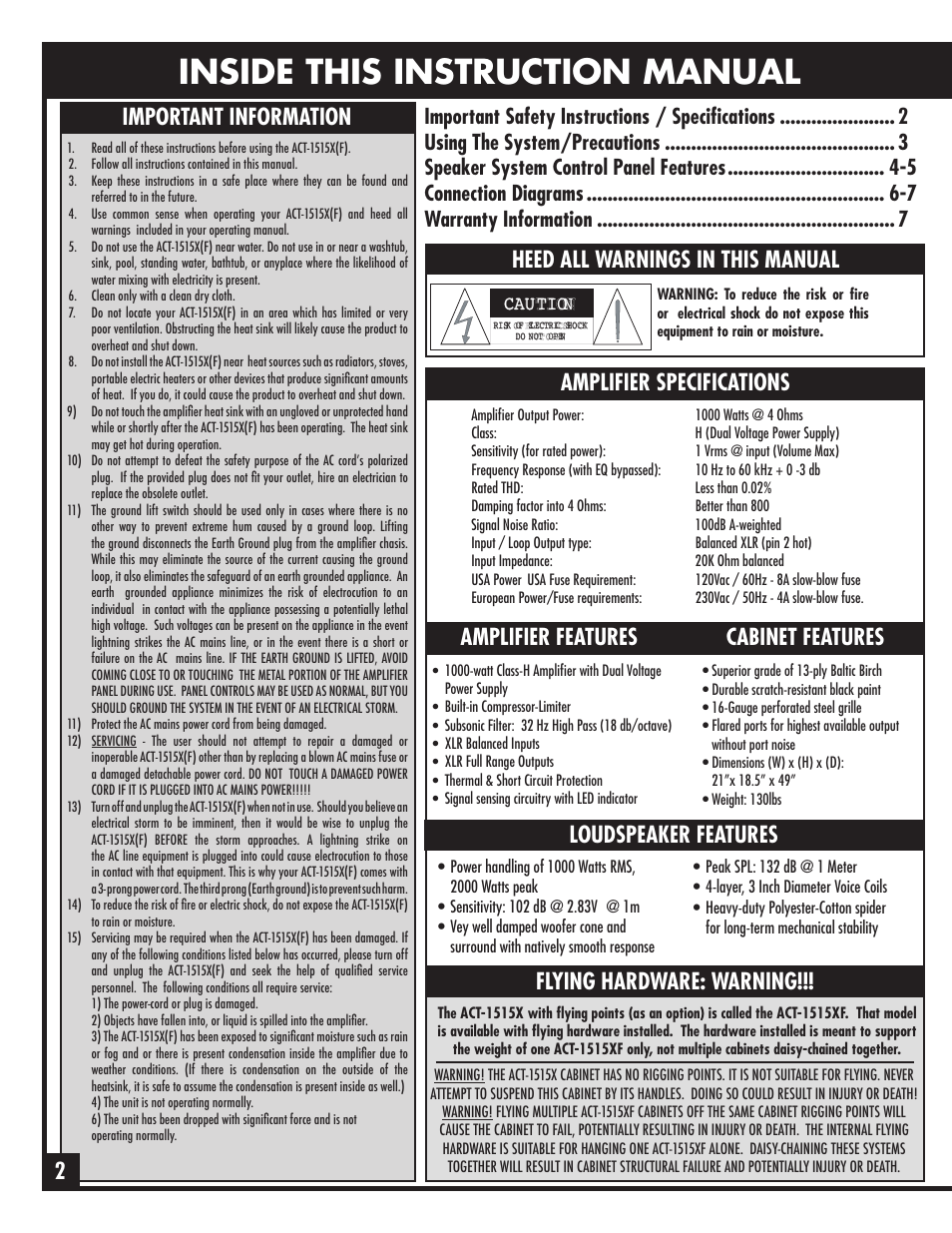 Inside this instruction manual, Important information, Heed all warnings in this manual | Amplifier specifications, Loudspeaker features, Amplifier features, Flying hardware: warning!!! cabinet features, Caution | ETI Sound Systems, INC ACT-1515X(F) User Manual | Page 2 / 8