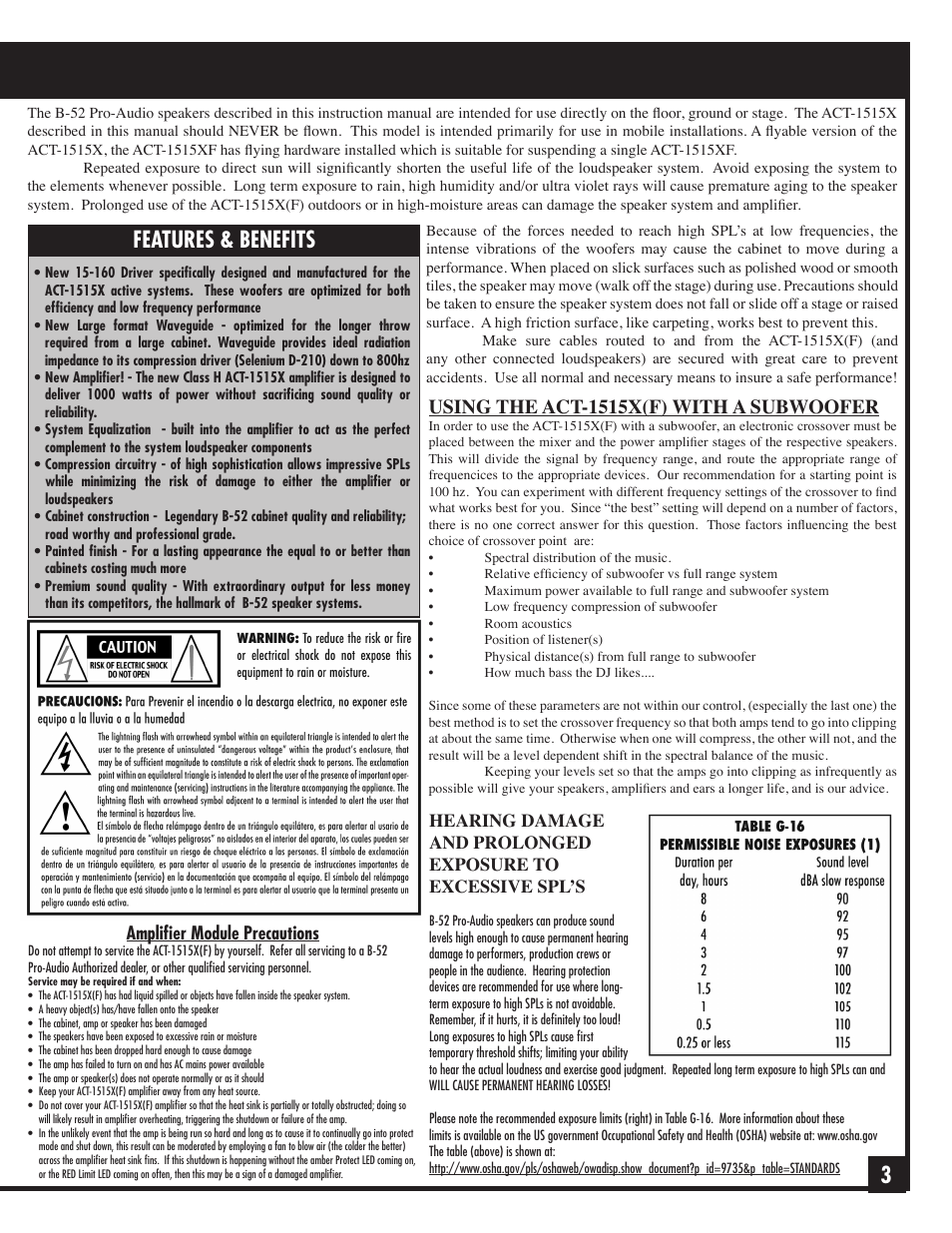3features & benefits, Using the act-1515x(f) with a subwoofer, Amplifier module precautions | ETI Sound Systems, INC ACT-1515X(F) User Manual | Page 3 / 8