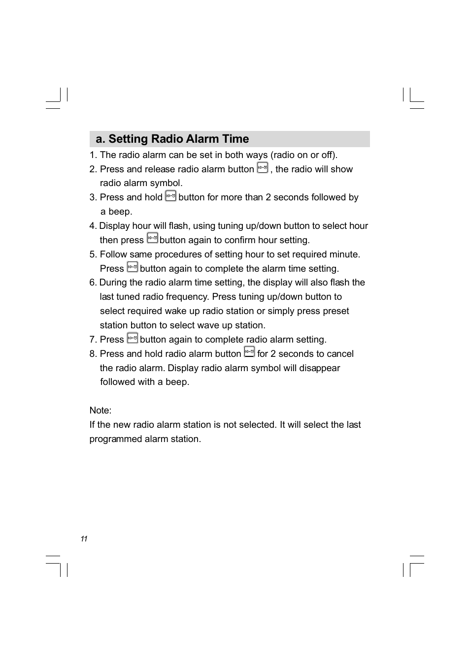 A. setting radio alarm time | Sangean PR-D8 (R2) User Manual | Page 12 / 32