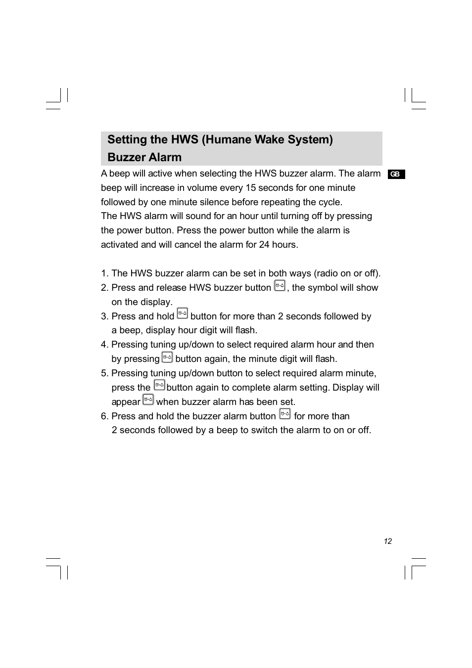 Setting the hws (humane wake system) buzzer alarm | Sangean PR-D8 (R2) User Manual | Page 13 / 32