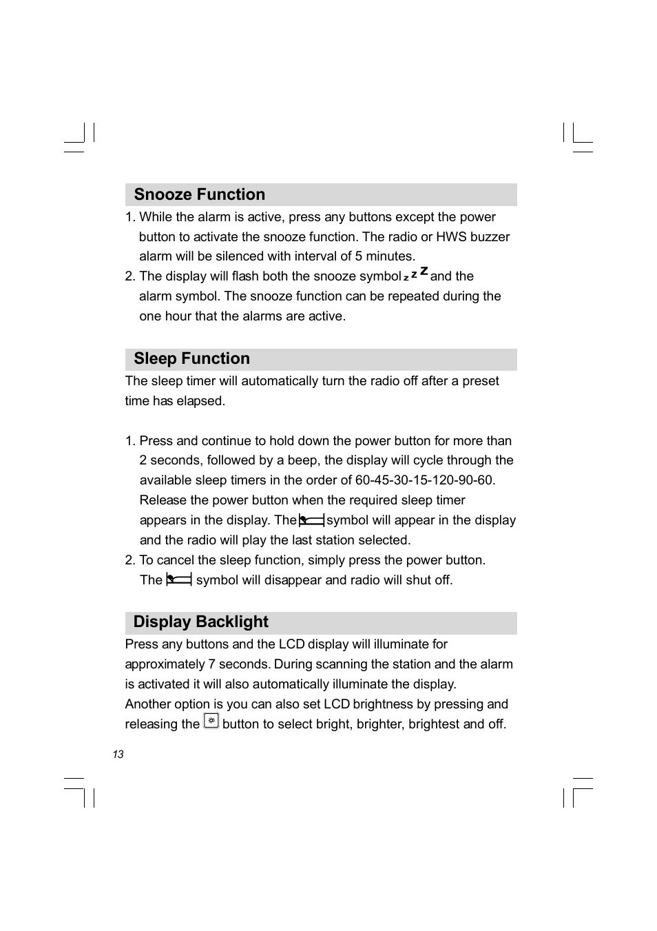 Snooze function, Sleep function, Display backlight | Sangean PR-D8 (R2) User Manual | Page 14 / 32