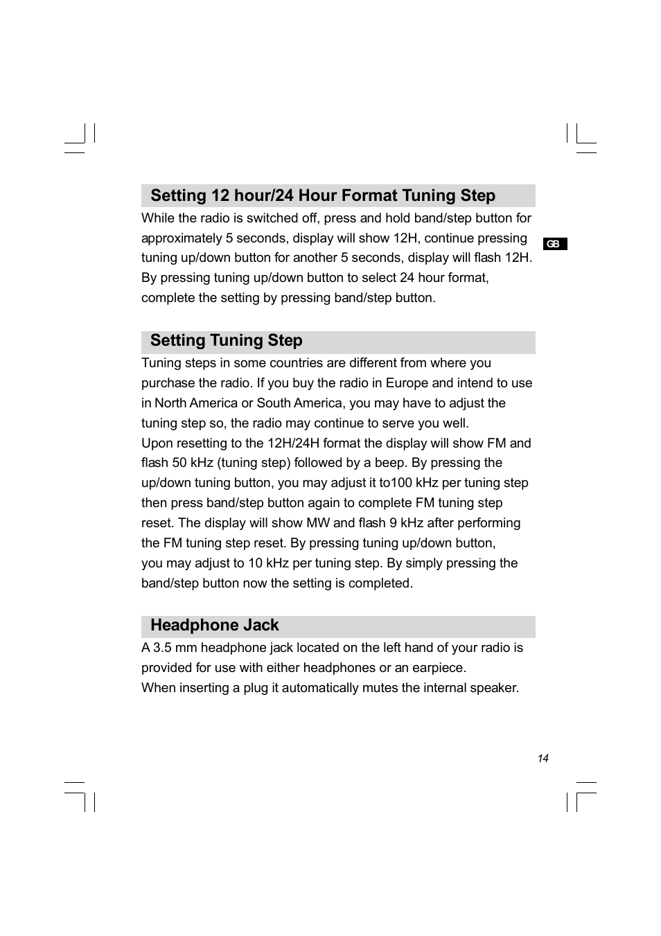 Setting 12 hour/24 hour format tuning step, Setting tuning step, Headphone jack | Sangean PR-D8 (R2) User Manual | Page 15 / 32