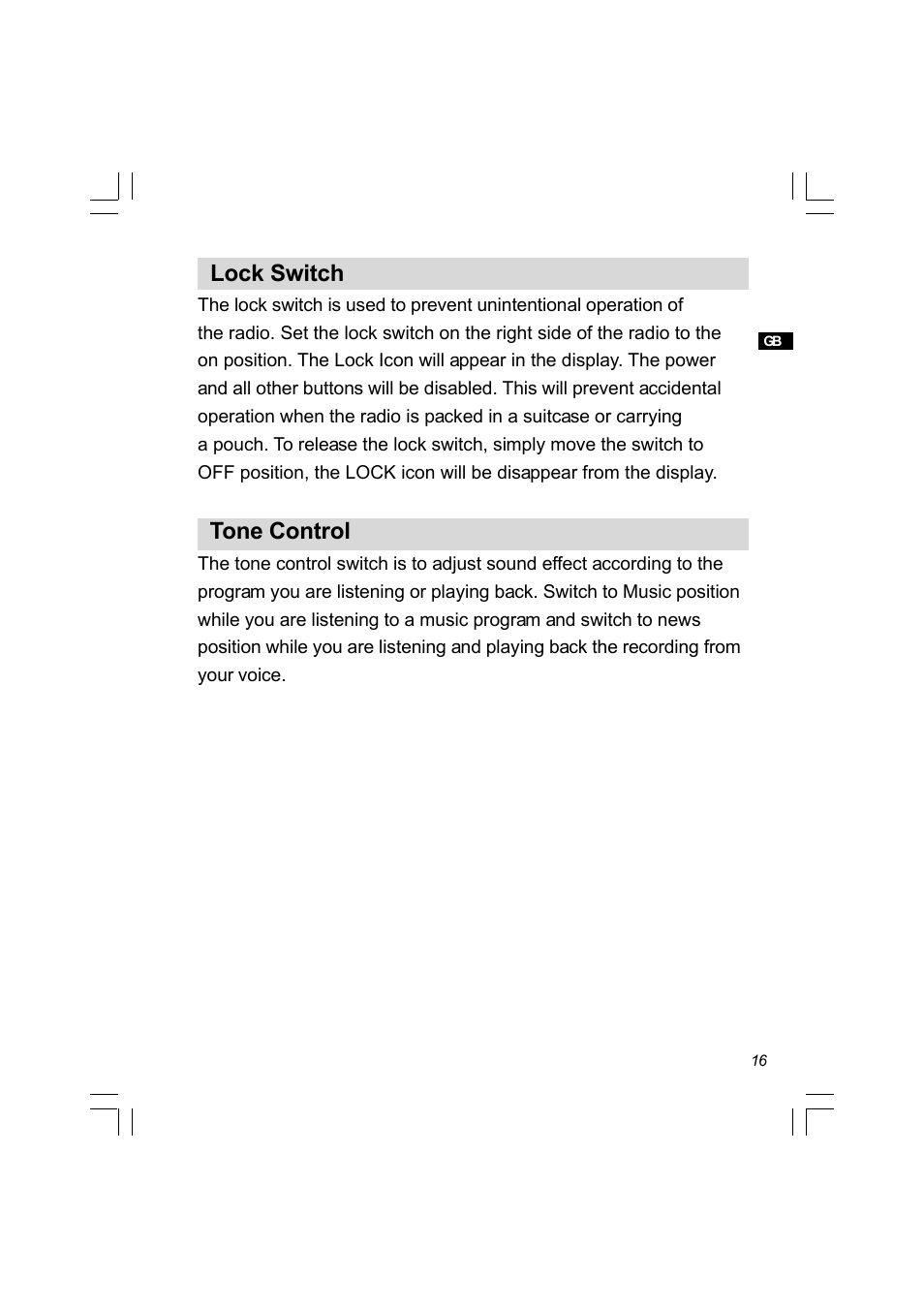 Lock switch, Tone control | Sangean PR-D8 (R2) User Manual | Page 17 / 32