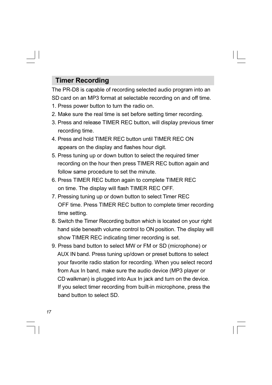 Timer recording | Sangean PR-D8 (R2) User Manual | Page 18 / 32