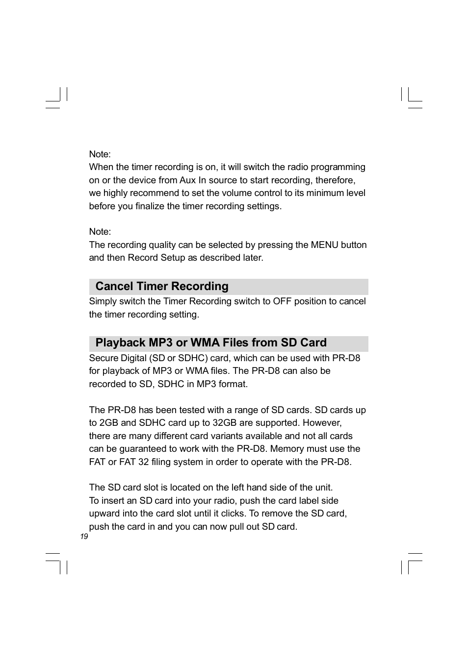 Cancel timer recording, Playback mp3 or wma files from sd card | Sangean PR-D8 (R2) User Manual | Page 20 / 32