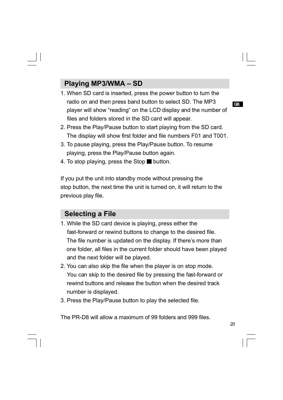 Playing mp3/wma – sd, Selecting a file | Sangean PR-D8 (R2) User Manual | Page 21 / 32