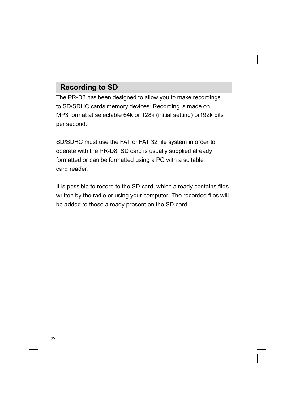 Recording to sd | Sangean PR-D8 (R2) User Manual | Page 24 / 32