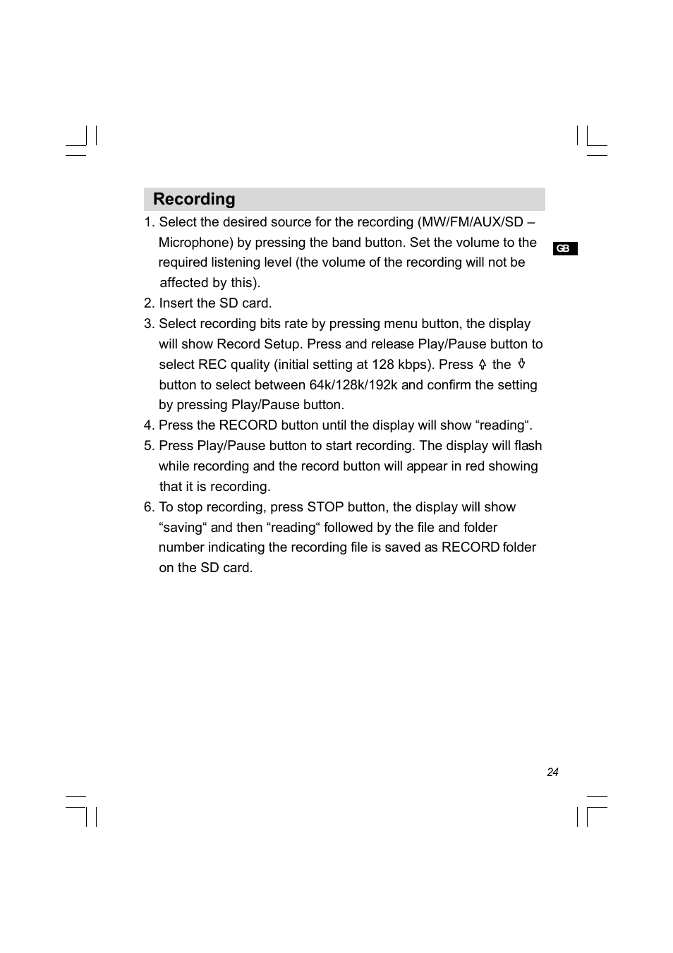 Recording | Sangean PR-D8 (R2) User Manual | Page 25 / 32