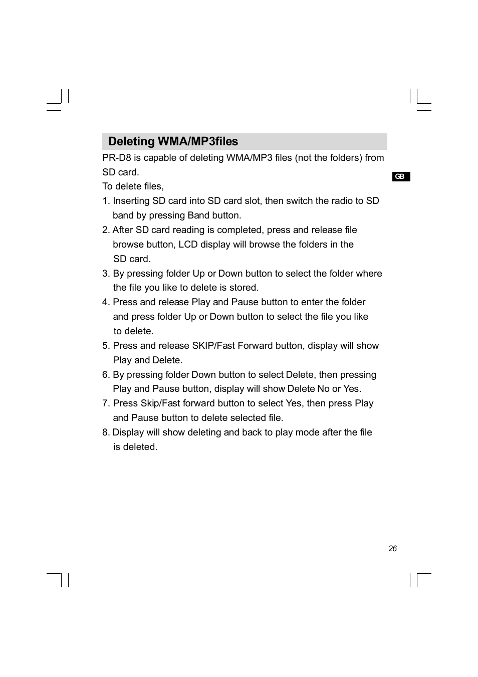 Deleting wma/mp3files | Sangean PR-D8 (R2) User Manual | Page 27 / 32