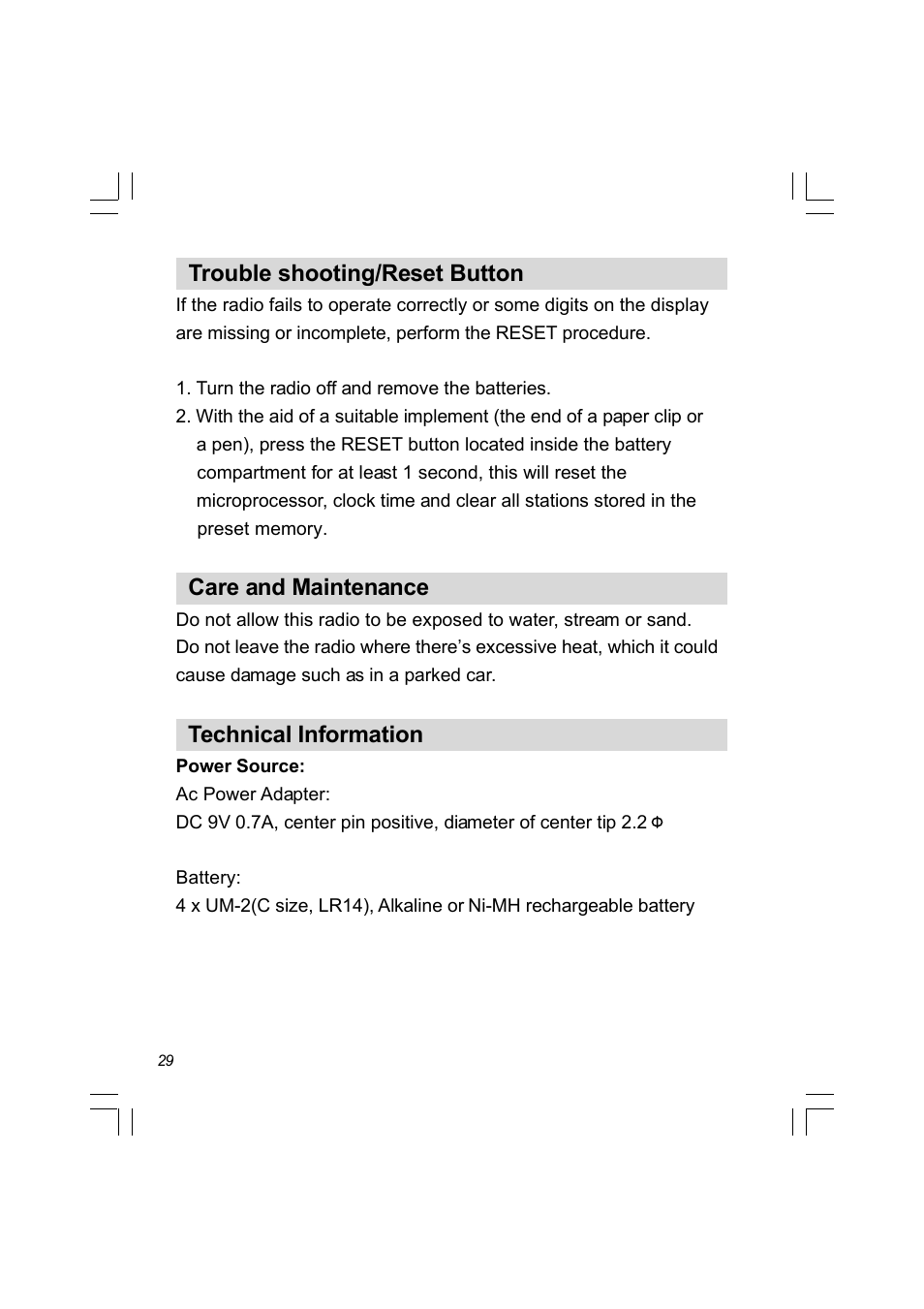 Trouble shooting/reset button, Care and maintenance, Technical information | Sangean PR-D8 (R2) User Manual | Page 30 / 32