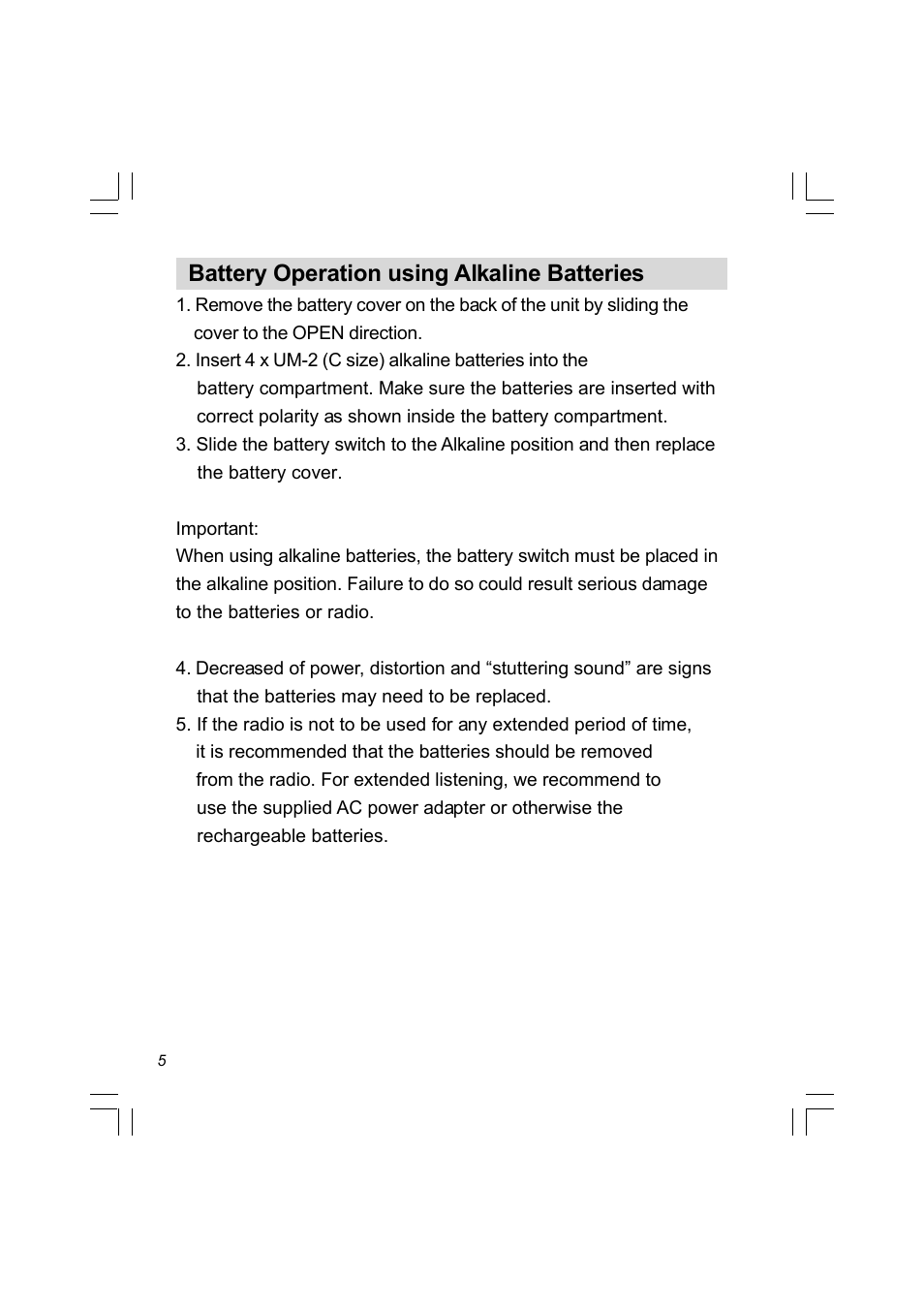 Battery operation using alkaline batteries | Sangean PR-D8 (R2) User Manual | Page 6 / 32