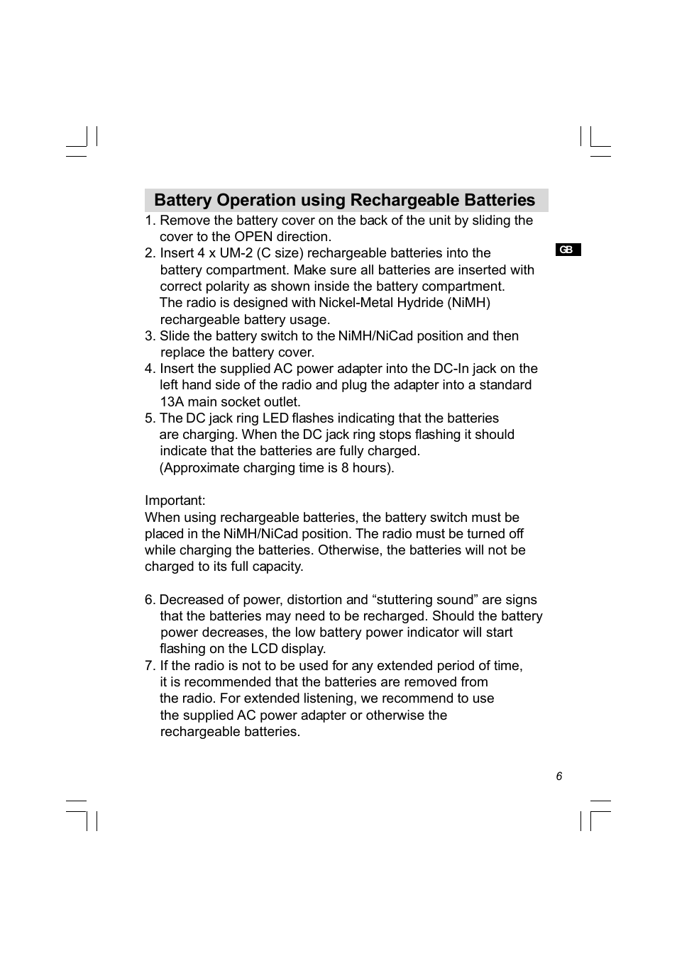 Battery operation using rechargeable batteries | Sangean PR-D8 (R2) User Manual | Page 7 / 32